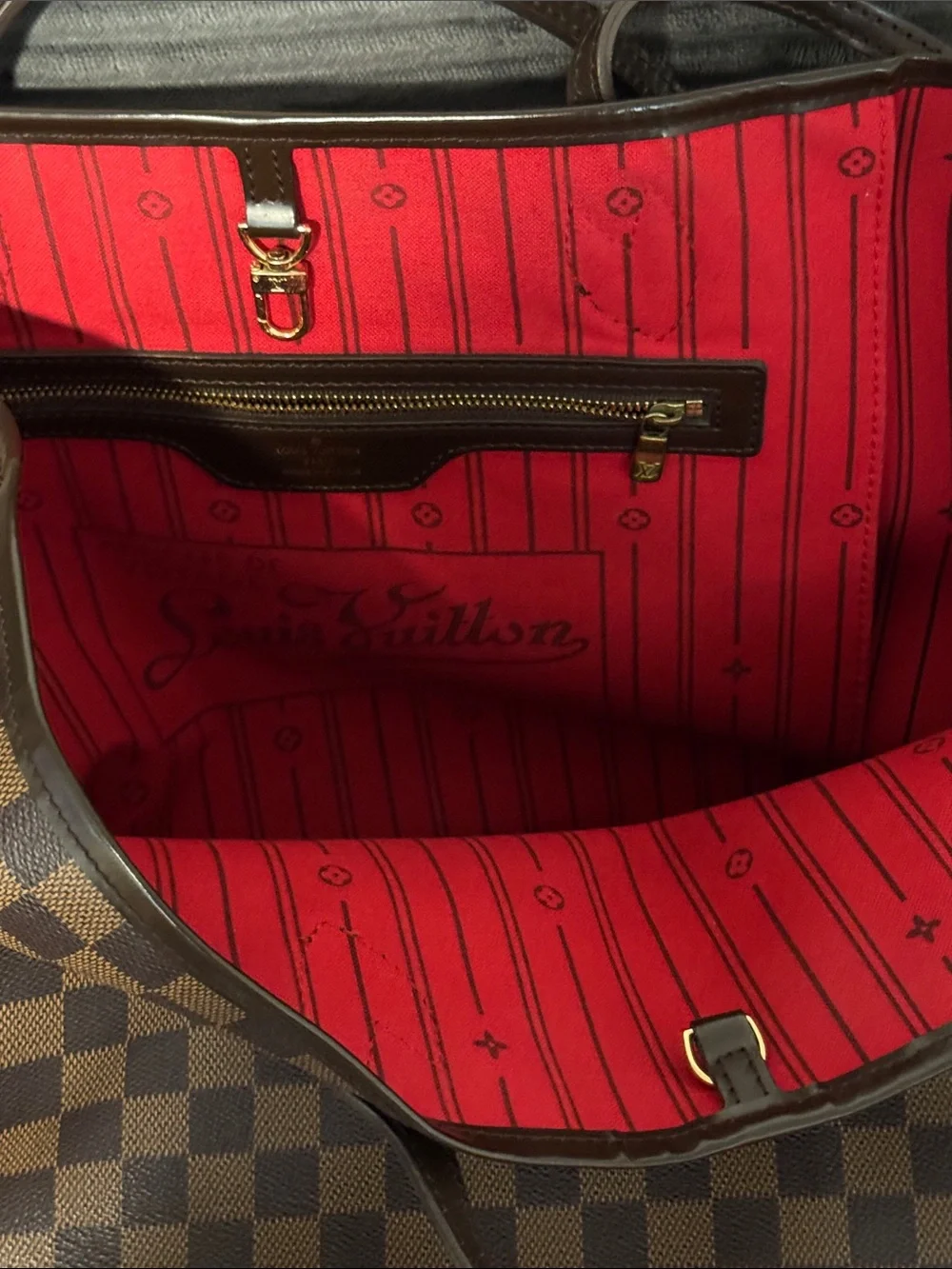 Brown Checkered Tote Bag with Red Interior